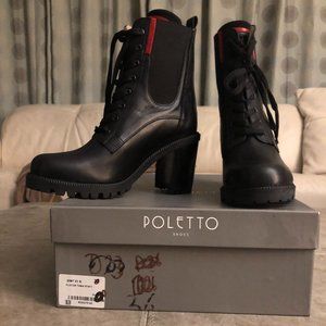 Poletto Black Leather Heeled Combat Boots